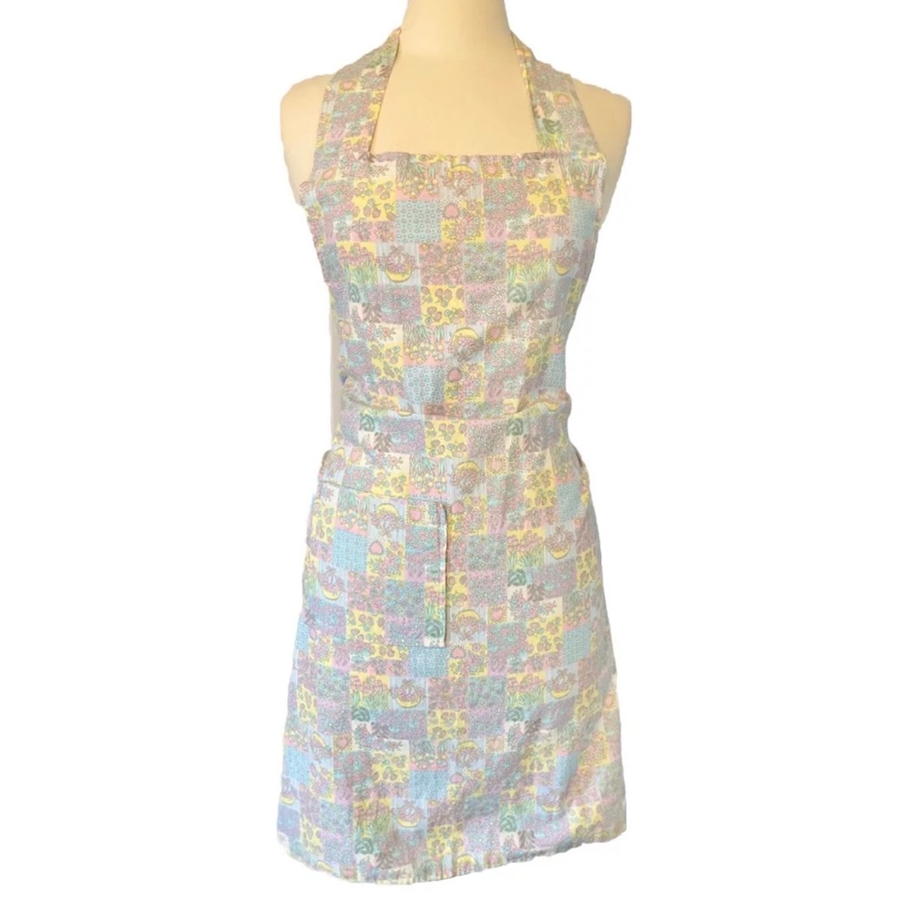 Handmade Pastel Pink Blue Yellow Easter Spring Floral Bib Apron with Pocket